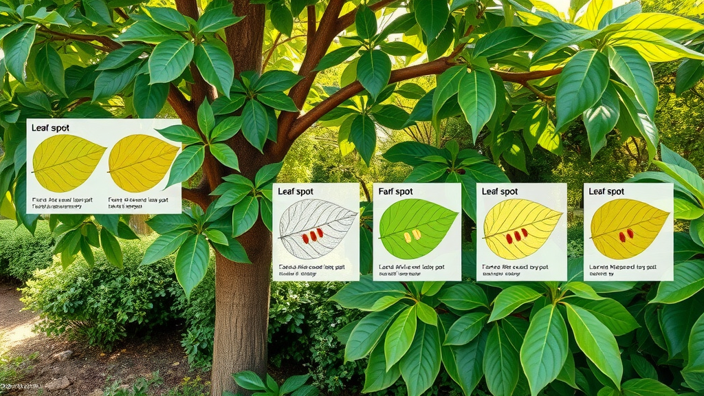 Highly detailed illustration of a tree next to a shrub with labeled diagrams showing different types of leaf spot symptoms, educational, neutral expression, Photorealistic High Fidelity Lifelike, botanical garden setting, detailed leaf textures with visible disease markings, dynamic light filtering through upper foliage, sharp high resolution, vibrant greens, natural daylight, shot with a wide-angle lens. Leaf spot and spot diseases differences