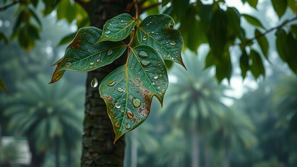 Dramatic scene of a tree during a humid, rainy season showing the progression of leaf spot disease, concerned natural expression, water droplets forming and splashing, Cinematic, lush but misty park landscape background, highly detailed rainfall and wet surfaces, dynamic elements with motion blur from falling raindrops, deep greens and earth tones, diffuse overcast lighting, shot with a 50mm lens. Leaf spot disease in wet weather