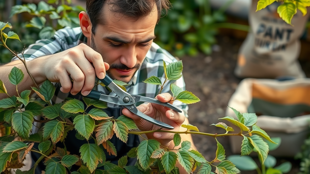 Gardener carefully pruning and removing diseased leaves from a shrub, focused expression, gently handling pruners, Photorealistic High Fidelity Lifelike, garden workspace background with visible bag for disposal, highly detailed hands and tools, subtle movement of leaves, earthy colors, soft sunlight, shot with a standard lens. Removing leaf spot disease leaves