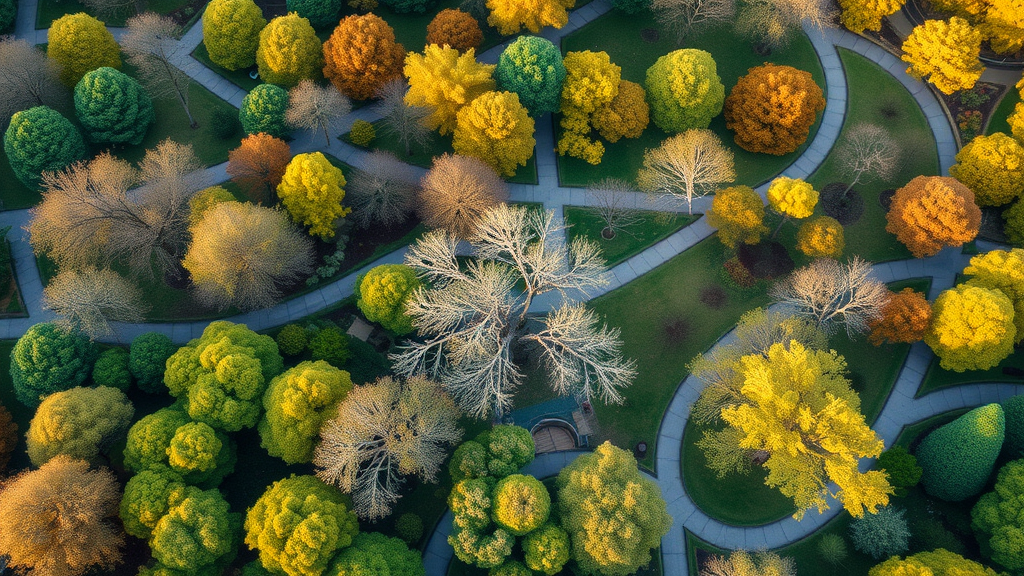 Aerial view of a diverse healthy garden interspersed with occasional trees with subtle leaf spot symptoms, hopeful tone, seasonal change in foliage, High Fantasy, park-like landscape with winding paths and visible maintenance staff, highly detailed, natural breeze moving branches, fresh spring colors, early morning golden-hour lighting, shot with a drone camera. Monitoring leaf spot disease in garden