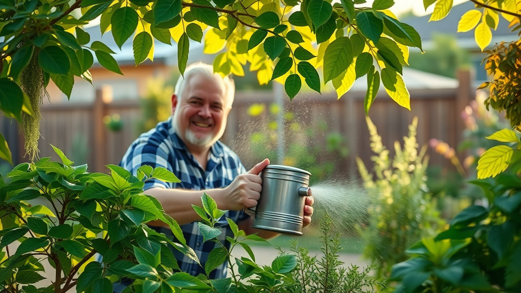 Inspiring visual of a revitalized garden with disease-free, vibrant foliage on trees and shrubs, satisfied gardener in background, smiling and watering plants, Cinematic, well-maintained residential backyard, highly detailed leaves and healthy plants, soft breeze moving branches, bright saturated greens, early afternoon sunlight, shot with a portrait lens. Healthy trees and shrubs after leaf spot disease control
