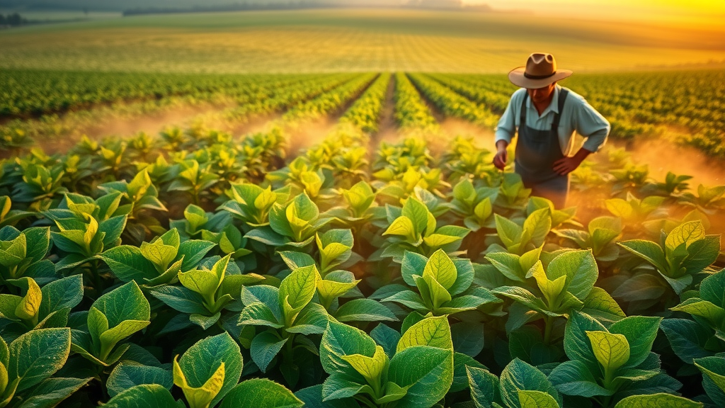 Healthy crops and farmland after fungicide treatment, farmers inspecting vibrant plants at sunrise.