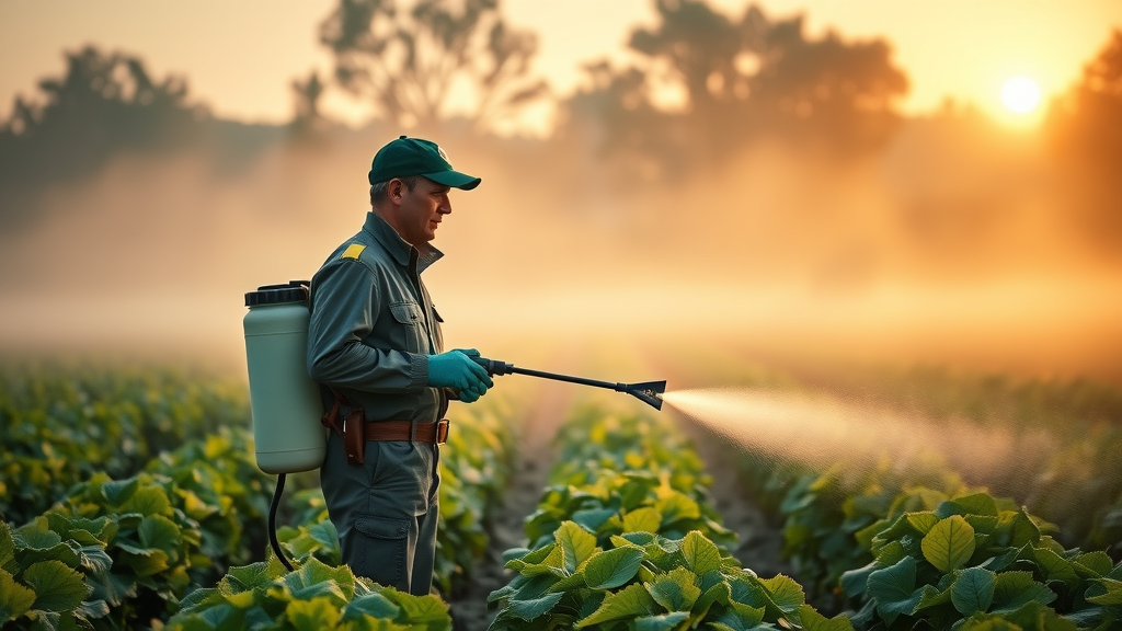 Applying fungicide in the morning mist, professional spraying technique for lawn fungi.
