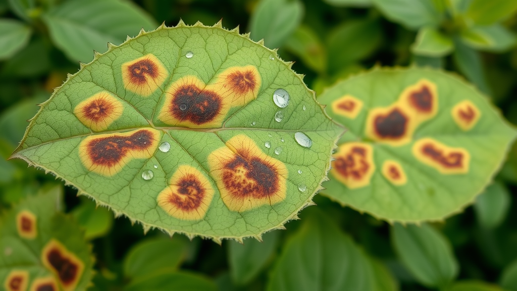 Leaves affected by fungal leaf spot with visible lesions, brown and yellow halos, outdoors among green foliage.