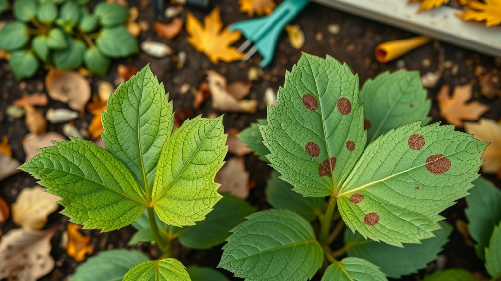 Comparison of healthy leaf—vivid green—and leaf infected by fungal leaf spot with brown and yellow lesions, on gardening bench background.