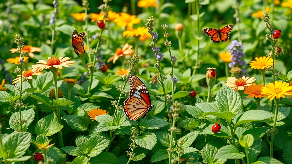 Healthy organic garden with diverse plants, interplanted herbs, flowers, bees, ladybugs, butterflies, and unspotted leaves.