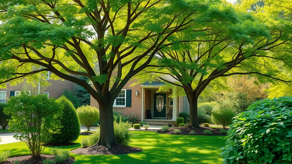 Lush landscape with healthy trees and shrubs, vibrant green foliage, no visible leaf spot disease, manicured garden beds, sunny day.