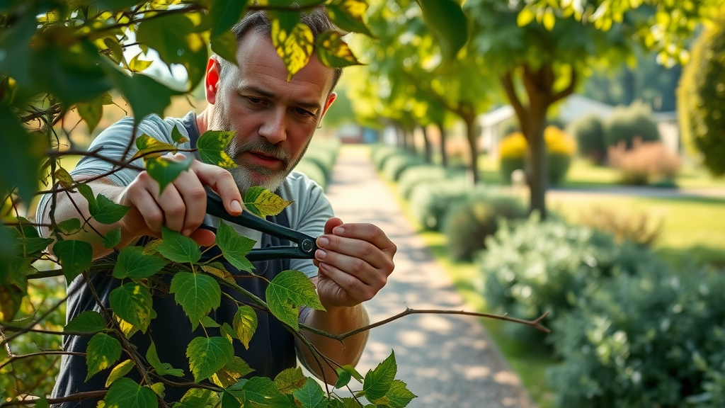 Gardener carefully pruning leaves showing visible leaf spot symptoms on trees and shrubs