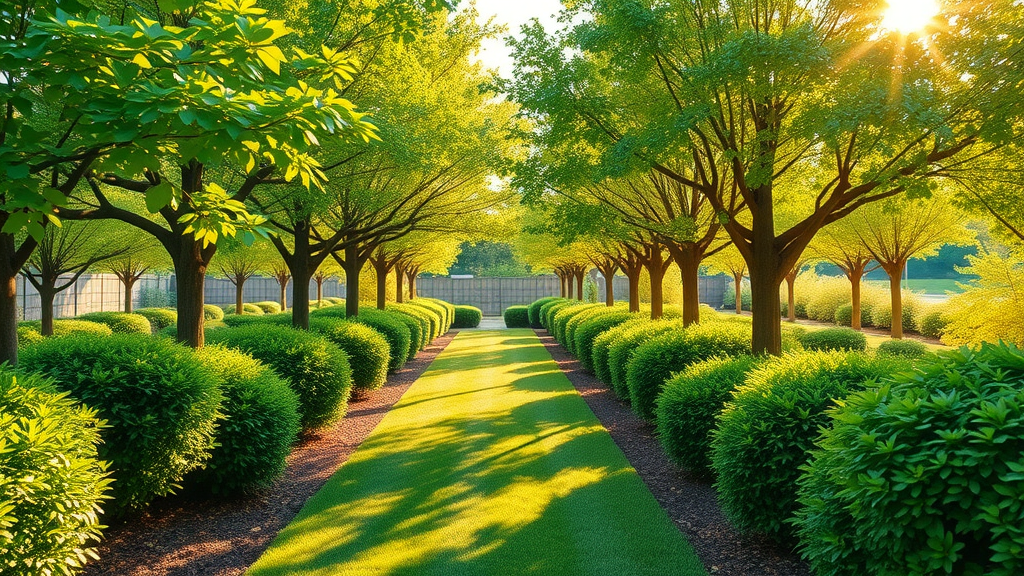 Healthy, vibrant green trees and shrubs widely spaced in a sunlit garden with clean mulch and no leaf spot symptoms