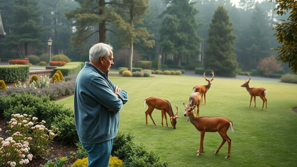 majestic woodland landscape, concerned homeowner observing several deer grazing at the edge of a manicured yard, lush garden, blooming shrubs, dense forest. Early morning mist and soft natural lighting.