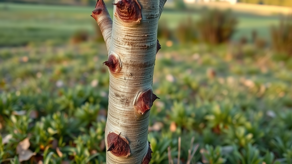 close-up of young sapling with bark stripped off and visible deer bite marks, grassy area, fallen leaves, hoof prints, natural morning light.