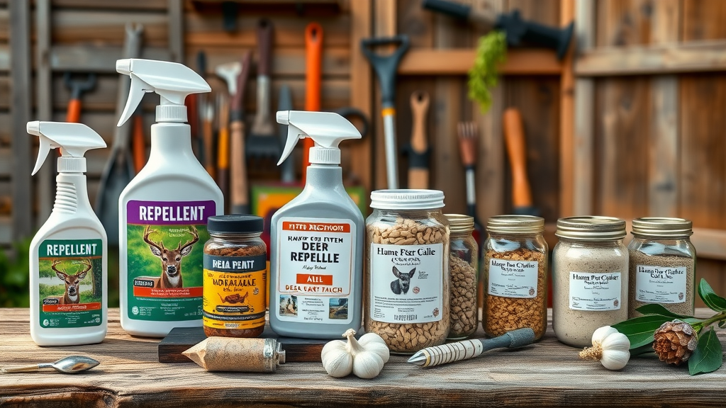 variety of deer repellent products: spray bottles, granules, homemade garlic mixture in jars, rustic wooden table, background of outdoor garden shed, gardening tools.