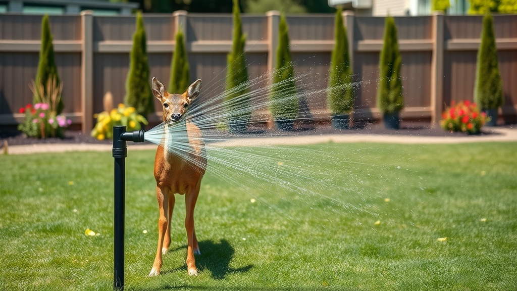 modern yard with motion-activated sprinkler spraying water as a deer approaches, fenced landscape with flower beds and saplings, water droplets mid-air, bright daylight.
