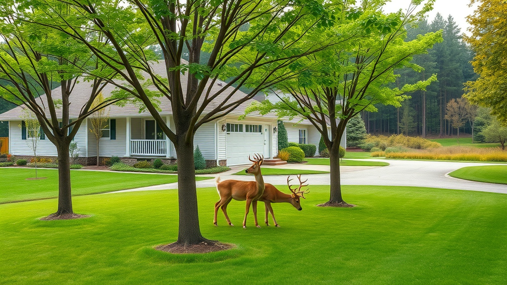 Vibrant suburban landscape with healthy young trees, sturdy tree guards, and deer grazing peacefully - deer tree protection