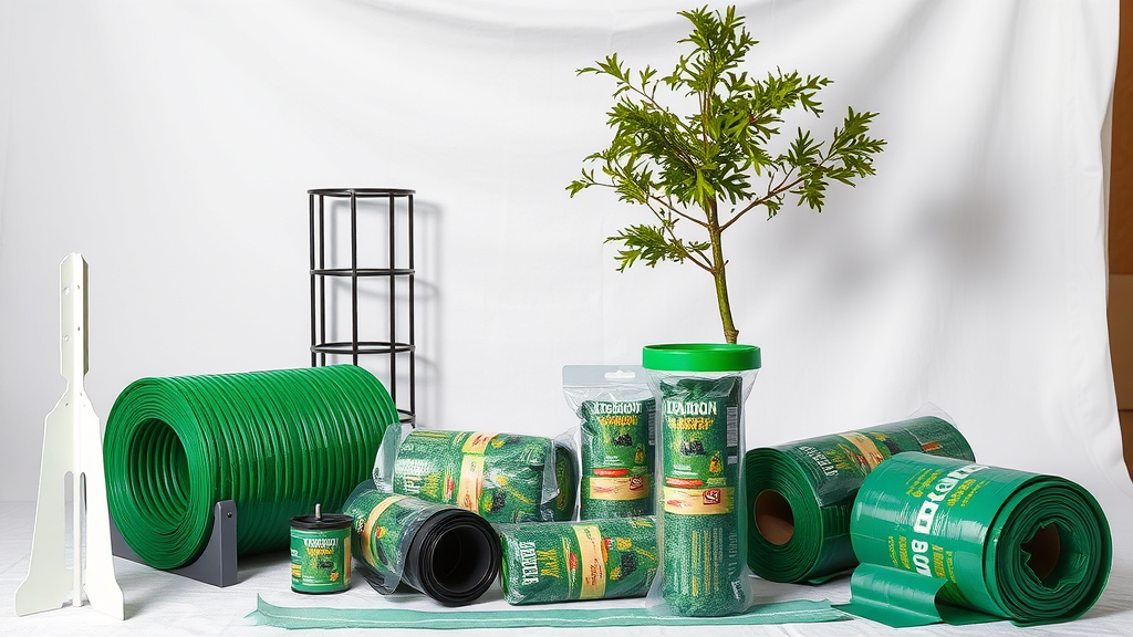 Variety of tree protection products including metal tree guards, green tree tubes, and tree wrap rolls - tree protection solutions