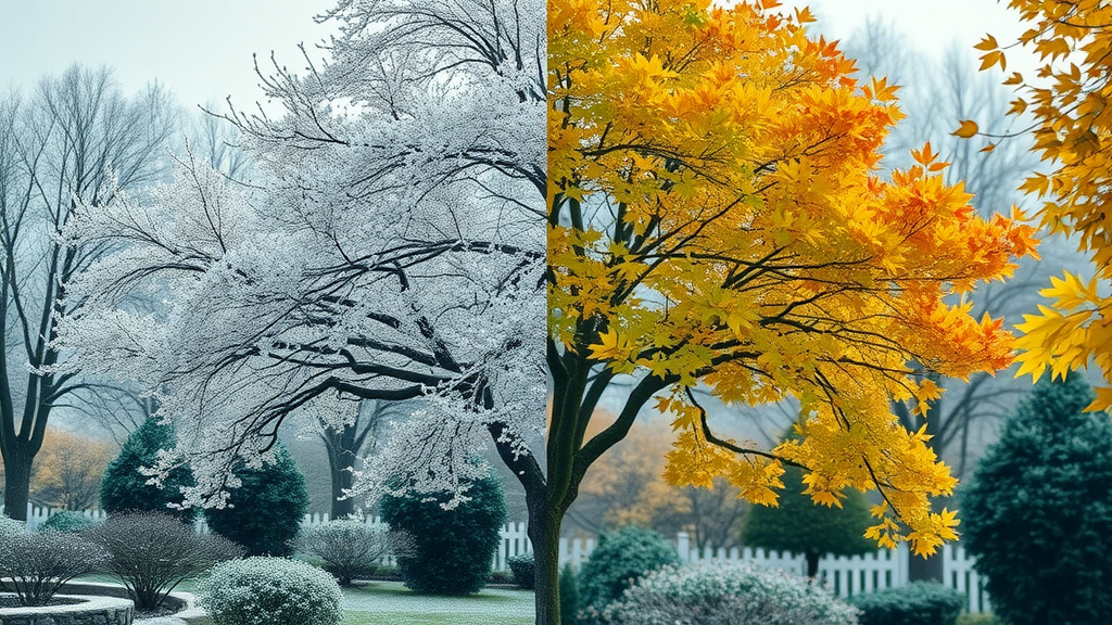 Tree with guard in winter snow and spring leaves, showing seasonal tree protection strategies - protectors from deer