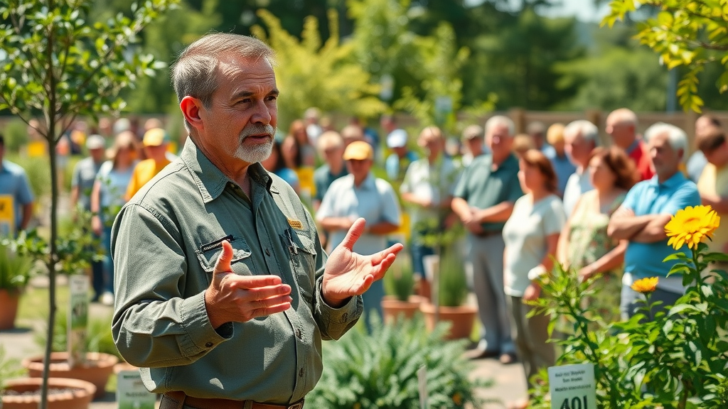 Experienced horticulturist explaining deer tree protection to homeowners, instructional garden setting - tree protection advice