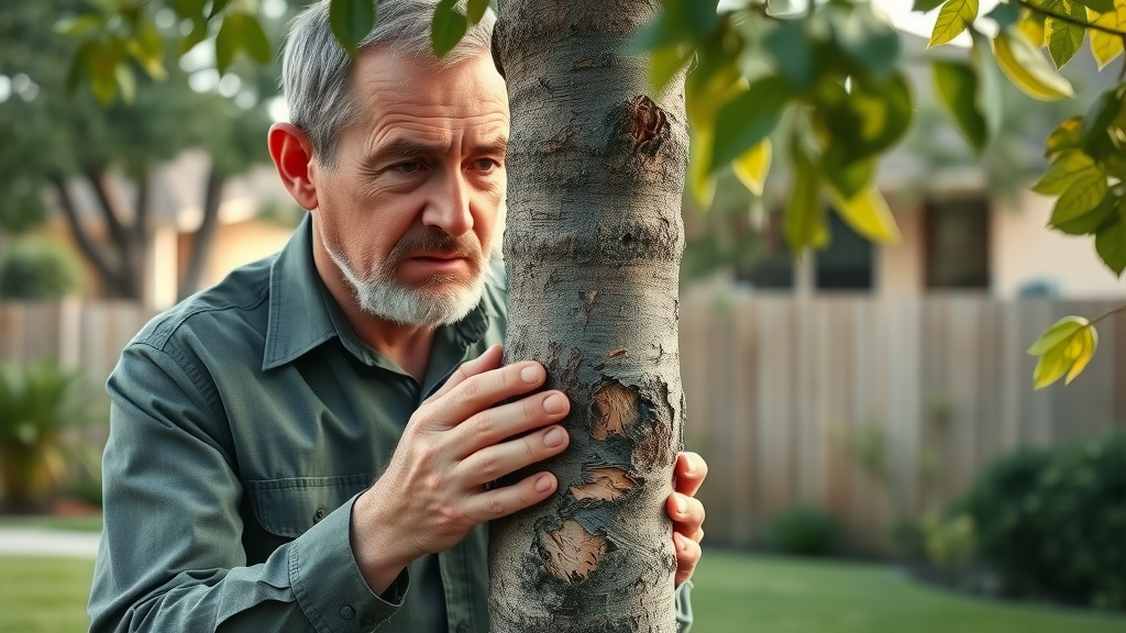 Vigilant property owner examining a young tree for deer damage, closely inspecting shredded bark in a suburban backyard setting