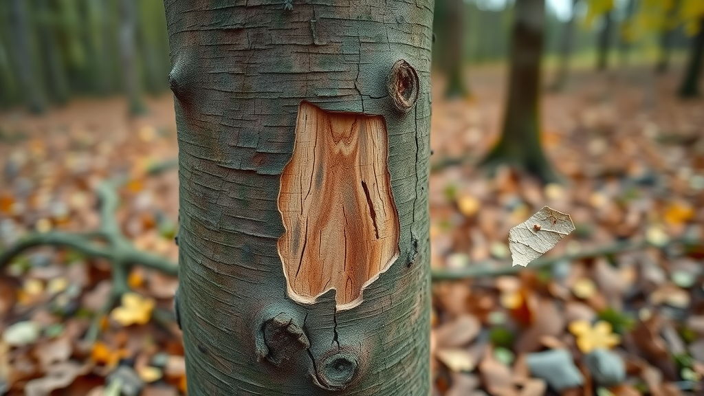 Close-up of a young tree trunk showing clear deer rub marks and exposed wood, forest edge background