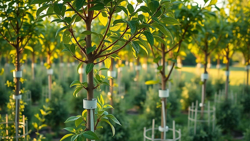 Young trees with protective tree guards installed, upright and healthy in a garden setting