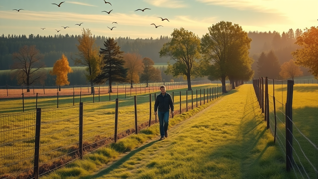 Expansive rural property with tall deer-proof fencing surrounding trees, fence mesh and posts in sharp detail
