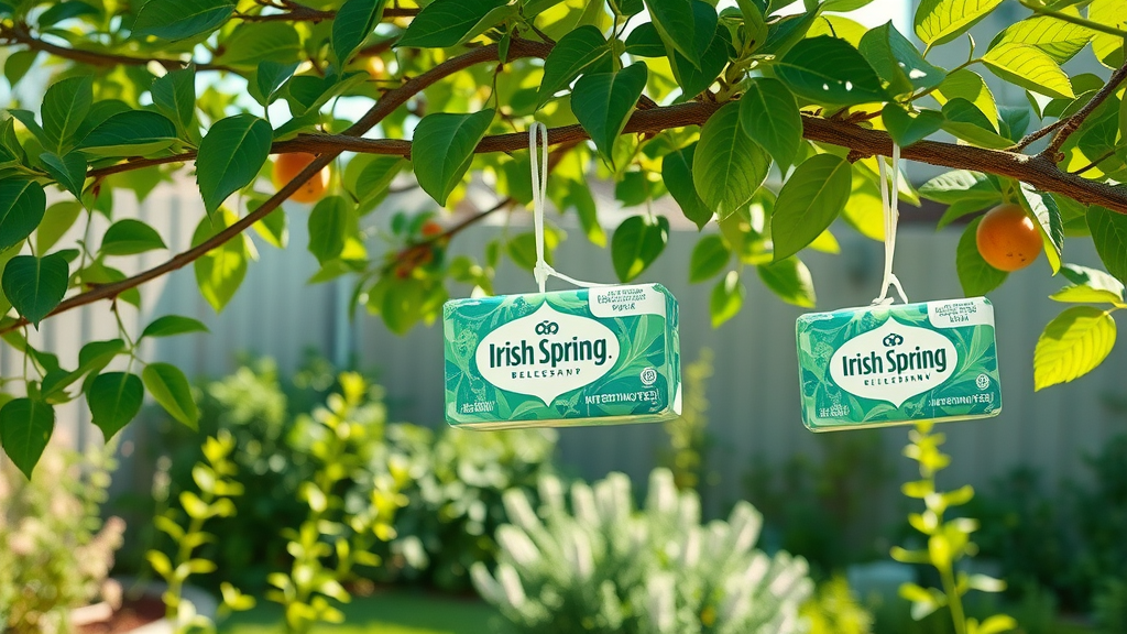 Backyard garden with bars of Irish Spring soap hanging from tree branches, mature fruit tree with creative placement