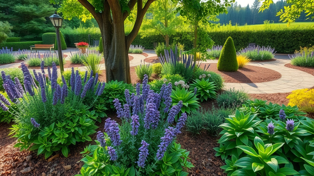 Lush garden bed with deer-resistant plants like lavender and boxwood encircling young trees, vibrant and healthy