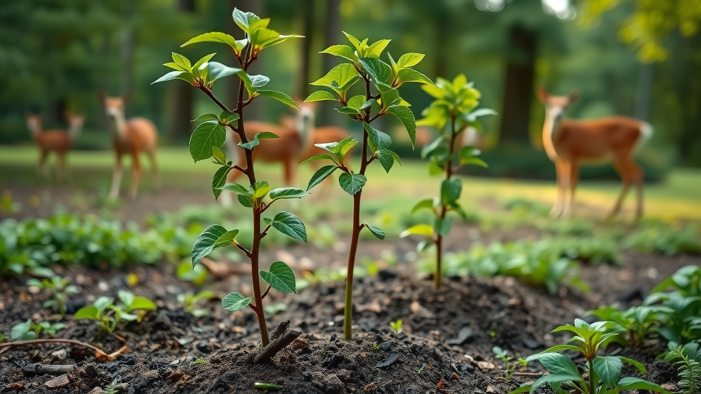 tree guards for deer protecting young saplings in a lush garden with vibrant foliage and healthy soil