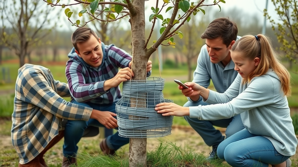 family installing mesh tree guards for deer in a spring orchard with visible tools and healthy young saplings