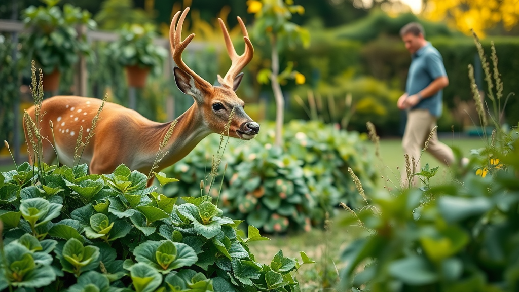 Garden deer repellent scene with healthy plants, wild deer nibbling, and concerned gardener nearby. Natural deer repellents in lush outdoor garden.