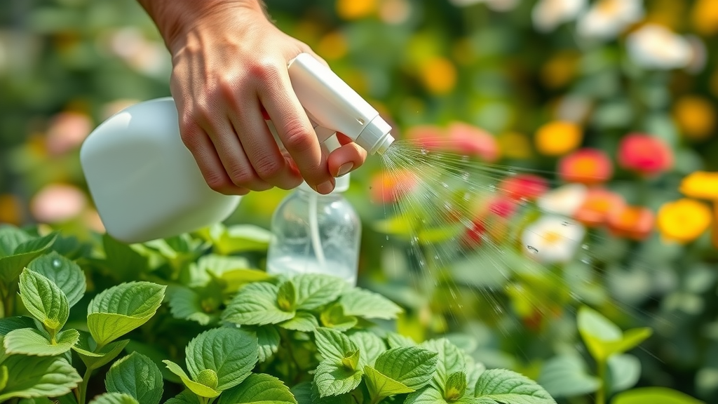 Gardener spraying homemade natural deer repellent on plant leaves in a sunny outdoor garden. Application of safe, effective garden deer repellent.