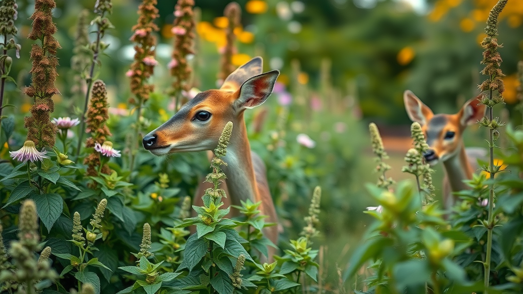 Deer recoiling from mint scent barrier in garden. Mint scent deer repellents stopping deer from eating plants. Photorealistic garden setting.