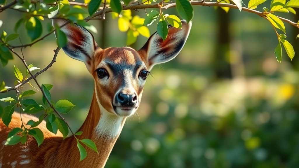 Curious white-tailed deer nibbling on low-hanging apple tree branches, lifelike interaction, temperate forest edge, dappled sunlight, green-brown hues, gentle morning light