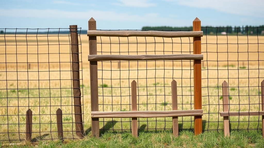 Row of various deer fences including metal, wood, plastic mesh, highlighting differences, neutral outdoor field, photorealistic, clear sky, moderate sunlight