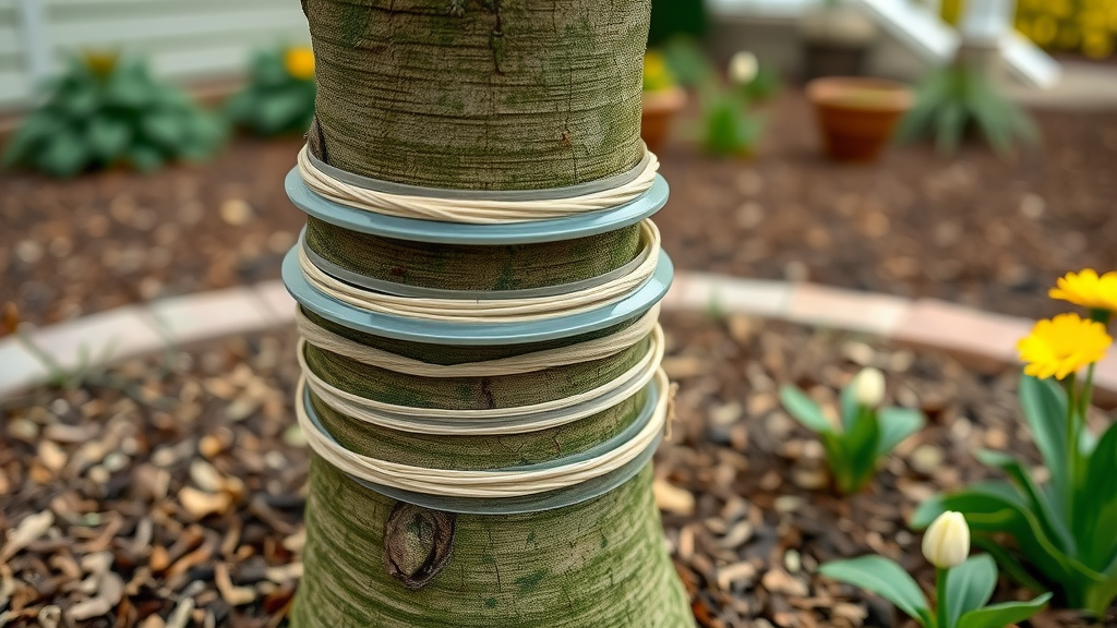 Close-up of young tree trunk with spiral plastic tree guard and natural fiber tree wrap, home garden, mulch, early spring flowers, photorealistic high fidelity
