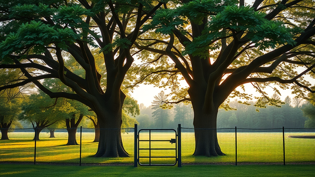 Mature tree grove encircled by tall black mesh deer fence with entrance gate, healthy leaf canopy, park-like landscape, golden-hour sunlight filtering through branches, photorealistic, warm green and sepia tones