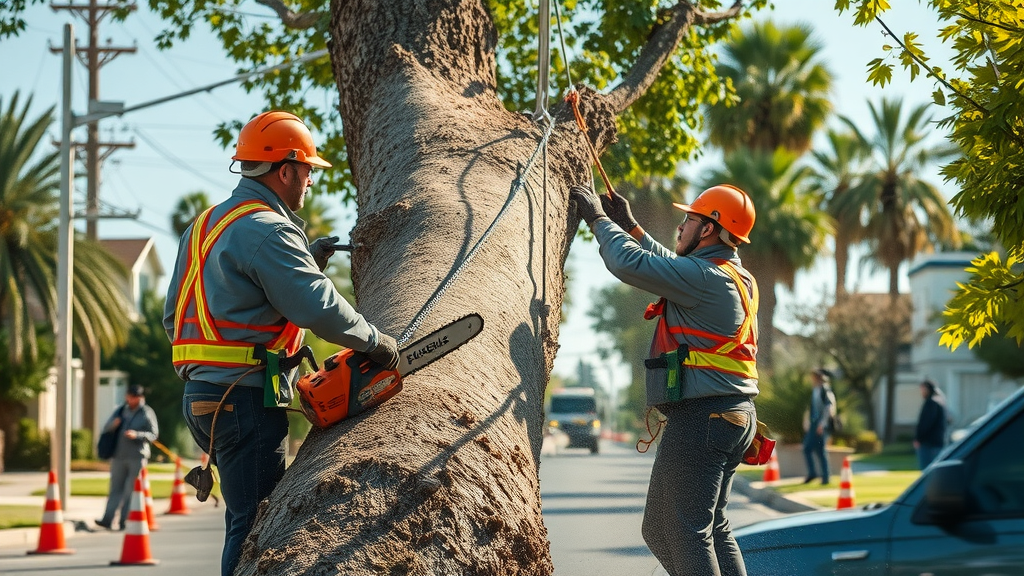 professional tree removal crew, arborists in protective gear removing trees beside suburban street, with safety equipment and onlookers at a distance
