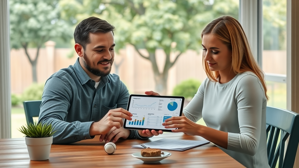 tree removal cost consultation, certified specialist and homeowner reviewing cost estimates on tablet, visible charts, mature trees outside window