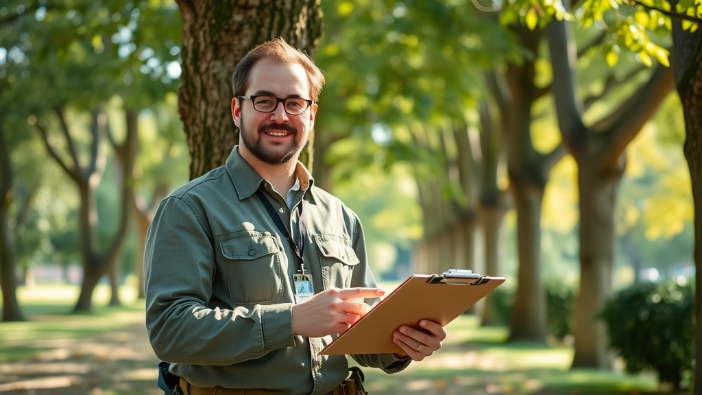 certified arborist inspecting healthy tree, holding badge and clipboard, suburban park, professional tree care expertise