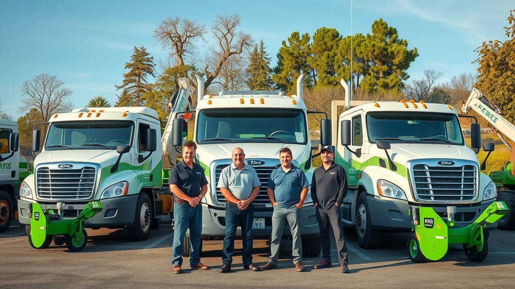 tree removal company fleet, professional crew beside branded trucks and equipment, ready for tree removal jobs