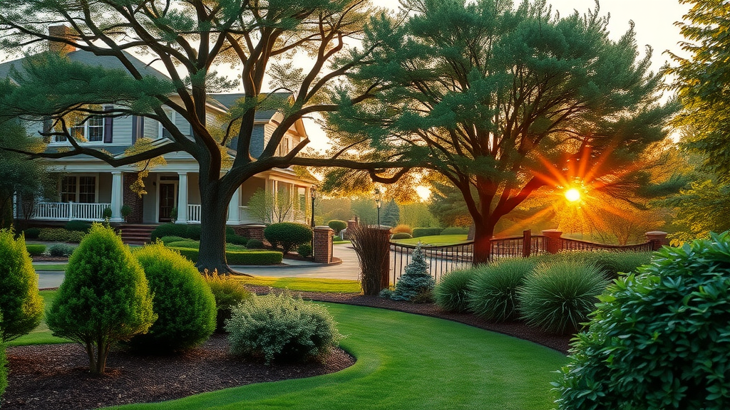 lush deer-resistant trees and shrubs in a vibrant suburban garden landscape at sunrise