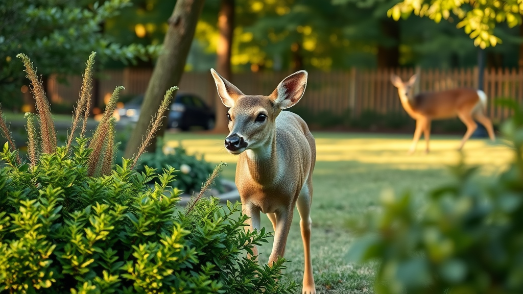 white-tailed deer cautiously approaching but avoiding deer-resistant shrubs and trees at the forest edge near a yard fence