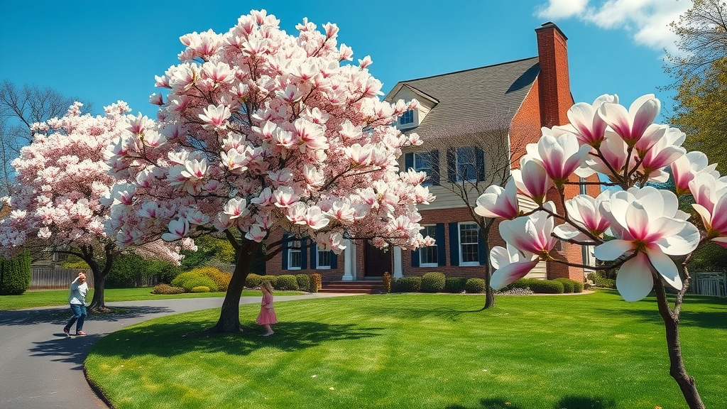 array of top 10 deer-resistant trees along a tranquil garden path with distinct leaves and bark textures, manicured lawn and garden decor