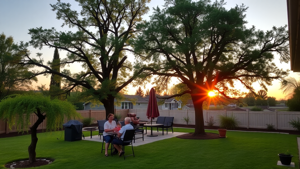 serene backyard with mature deer-resistant trees at sunset, family enjoying the patio, and protective fencing in background