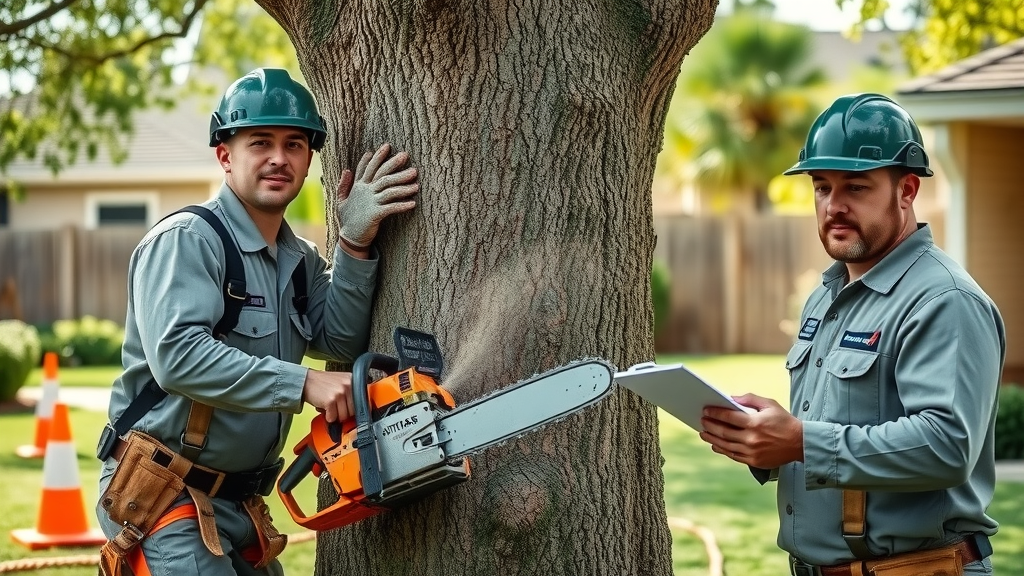 Professional tree removal team with chainsaw and arborist supervising in a suburban backyard, showcasing tree removal services