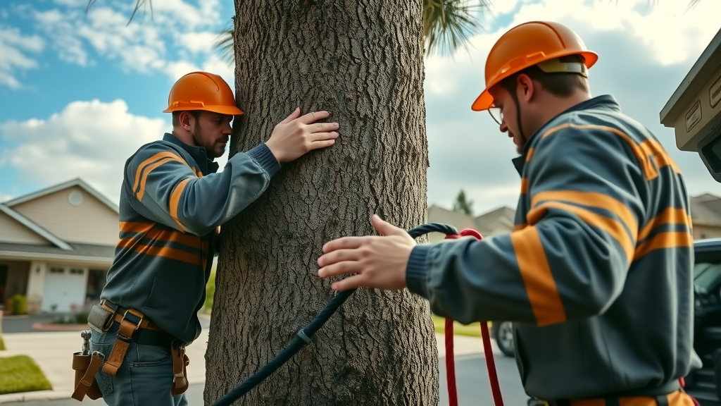 Tree removal process with professionals measuring tree diameter and prepping ropes near an equipment truck