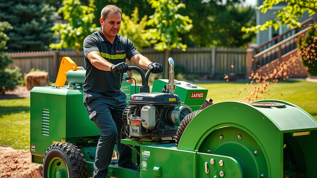 Modern tree removal equipment operated by professional in green yard, exemplifying advanced tree removal services
