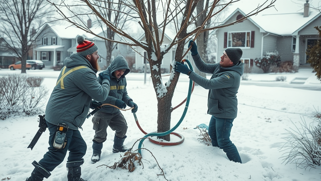 Winter tree removal with bundled arborists working in a snow-covered yard, representing affordable seasonal tree removal services