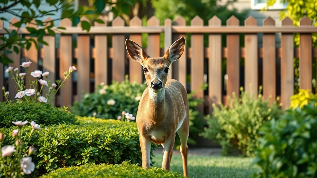 lush residential garden with deer cautiously approaching, natural deer repellent in action, classic wooden fence, blooming flowers and shrubs, organic methods to deter deer, morning sunlight