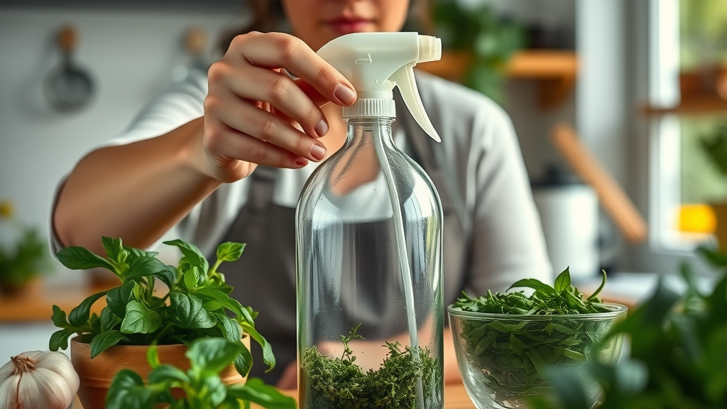 kitchen gardener preparing organic deer repellent spray with garlic and herbs, eco-friendly solution for garden protection, vivid greens and browns